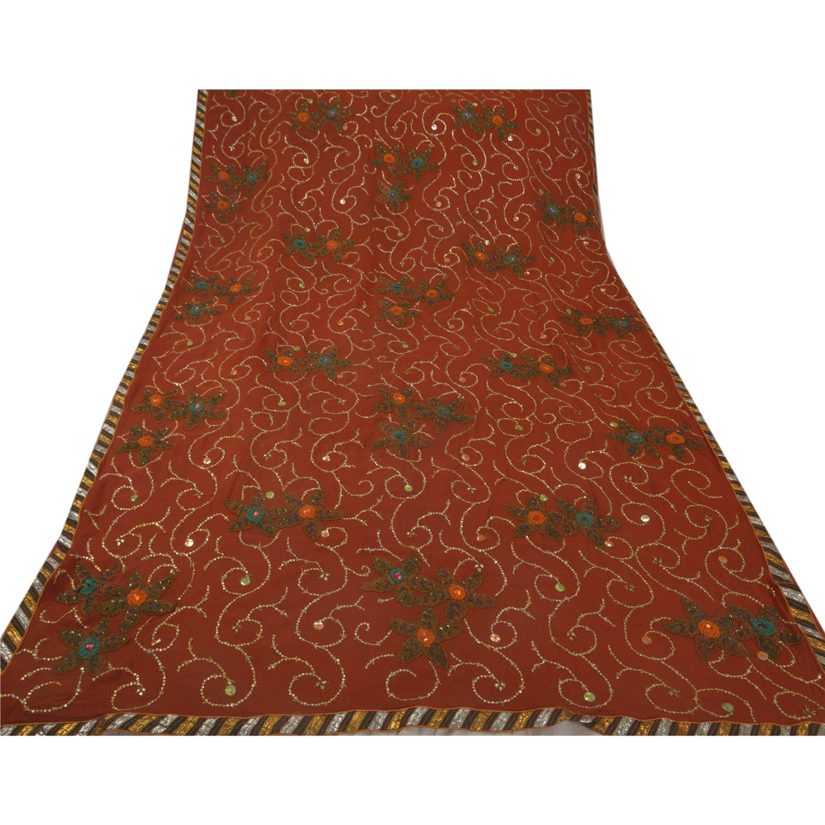 Hand Embroidered Gota Patti Vintage Saree Brown Pure Georgette 5.5+Yard Sari Craft Fabric Wedding Partywear Indian Dressing By KreatvKraft