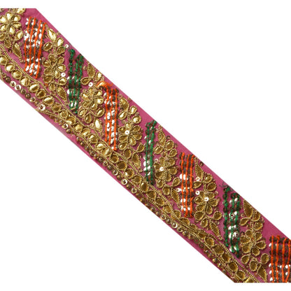 Sanskriti Vintage Handmade Gota Patti Georgette Heavy Sari Border 1 Yd Pink Trim