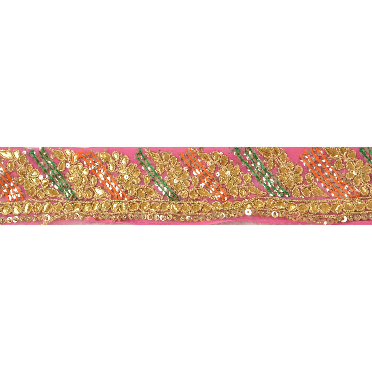 Sanskriti Vintage Handmade Gota Patti Georgette Heavy Sari Border 1 Yd Pink Trim