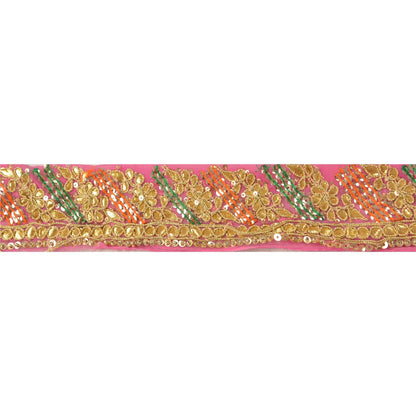 Sanskriti Vintage Handmade Gota Patti Georgette Heavy Sari Border 1 Yd Pink Trim