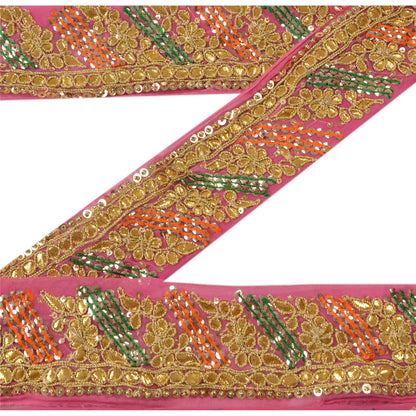 Sanskriti Vintage Handmade Gota Patti Georgette Heavy Sari Border 1 Yd Pink Trim
