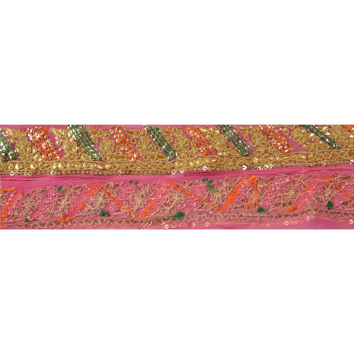 Sanskriti Vintage Handmade Gota Patti Georgette Heavy Sari Border 1 Yd Pink Trim