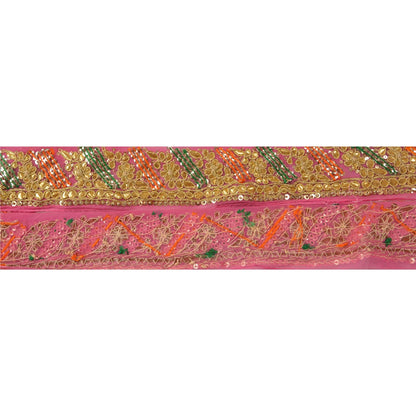 Sanskriti Vintage Handmade Gota Patti Georgette Heavy Sari Border 1 Yd Pink Trim