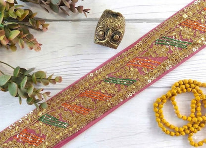 Sanskriti Vintage Handmade Gota Patti Georgette Heavy Sari Border 1 Yd Pink Trim