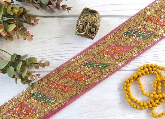 Sanskriti Vintage Handmade Gota Patti Georgette Heavy Sari Border 1 Yd Pink Trim