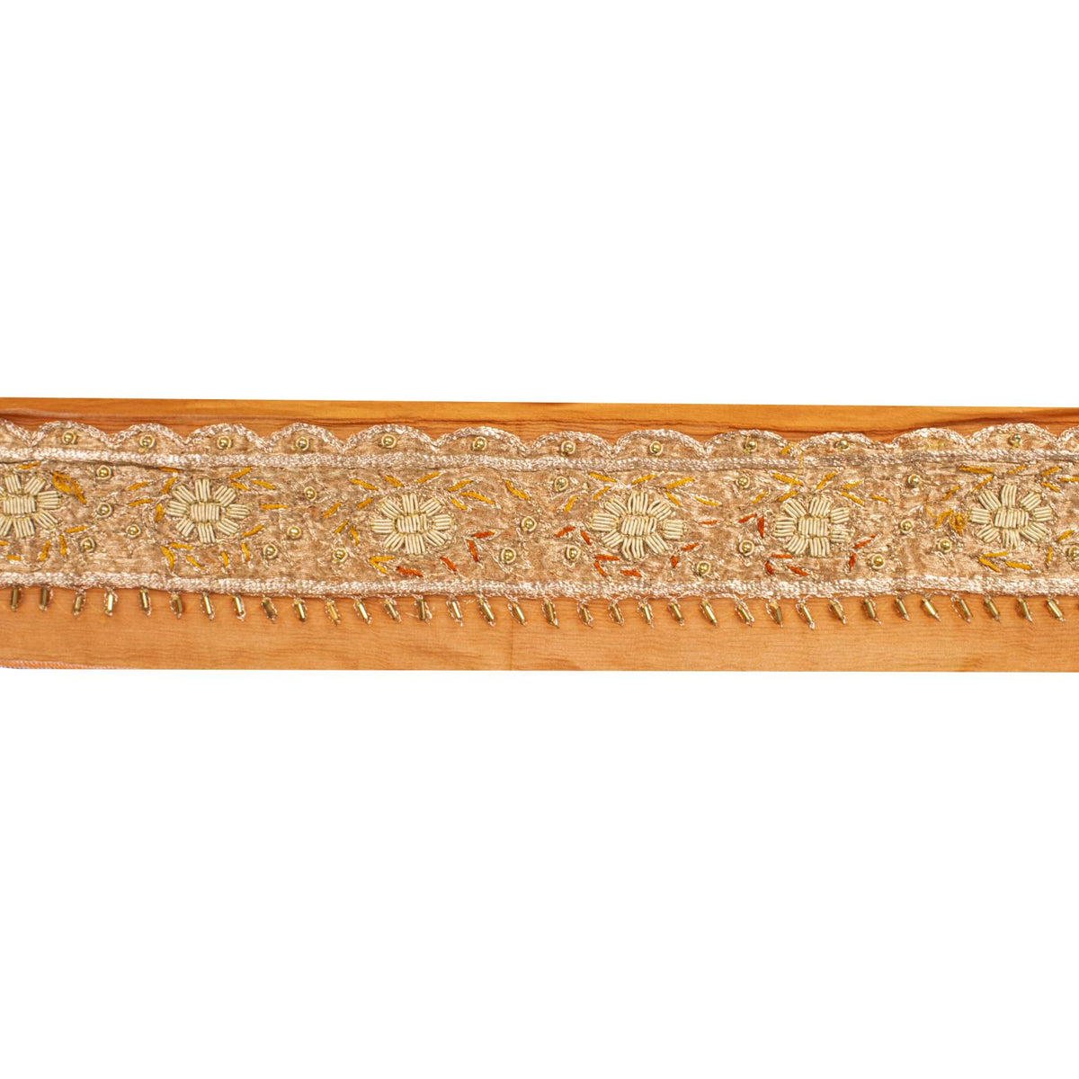 Sanskriti Vintage Hand Embroidered Heavy 1 Yard Sari Border Orange Chiffon Lace