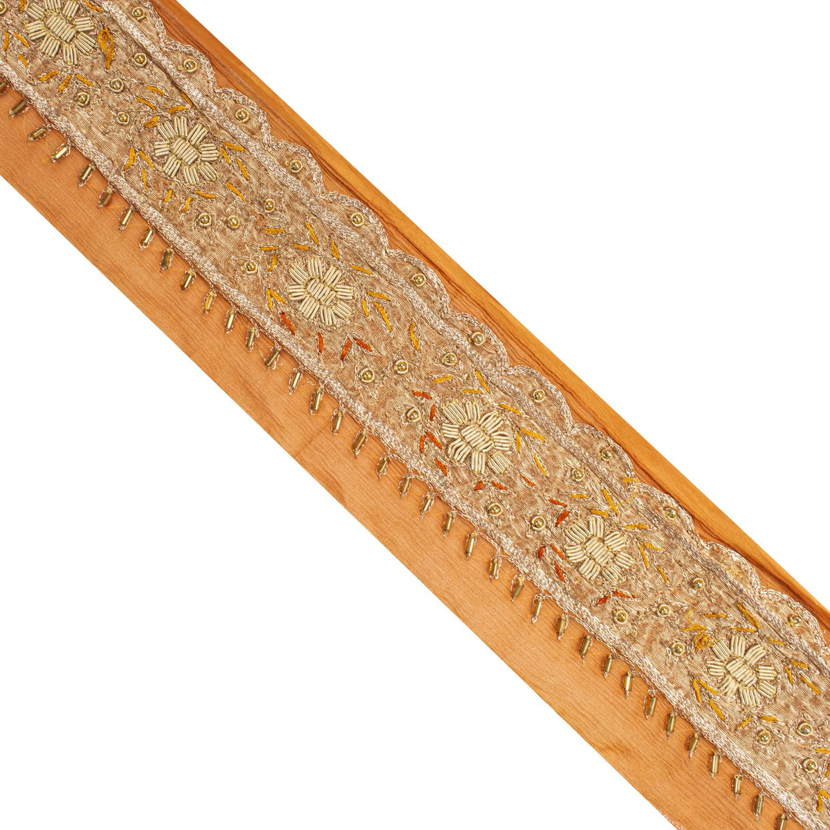 Sanskriti Vintage Hand Embroidered Heavy 1 Yard Sari Border Orange Chiffon Lace