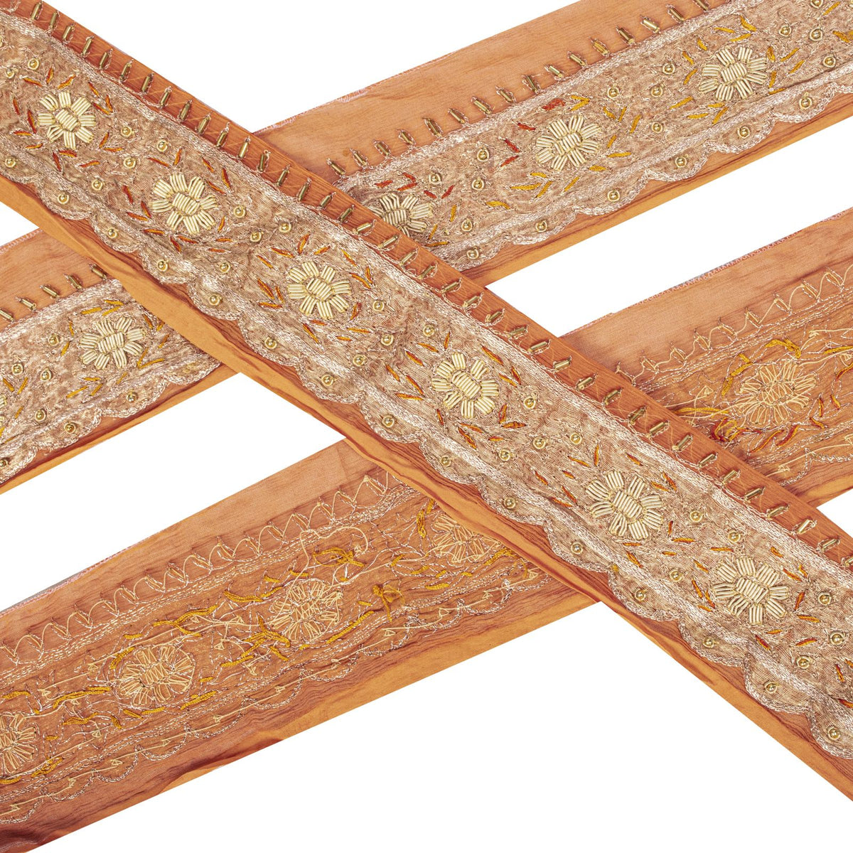 Sanskriti Vintage Hand Embroidered Heavy 1 Yard Sari Border Orange Chiffon Lace