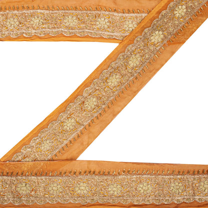 Sanskriti Vintage Hand Embroidered Heavy 1 Yard Sari Border Orange Chiffon Lace