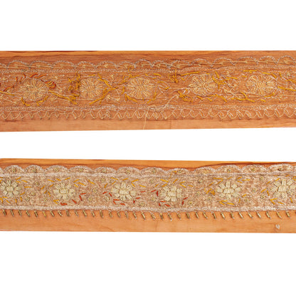 Sanskriti Vintage Hand Embroidered Heavy 1 Yard Sari Border Orange Chiffon Lace
