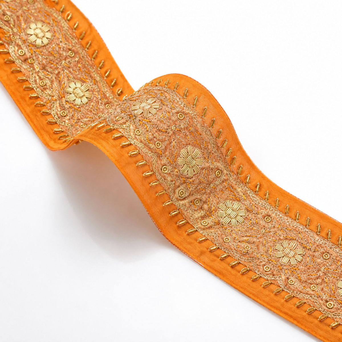 Sanskriti Vintage Hand Embroidered Heavy 1 Yard Sari Border Orange Chiffon Lace