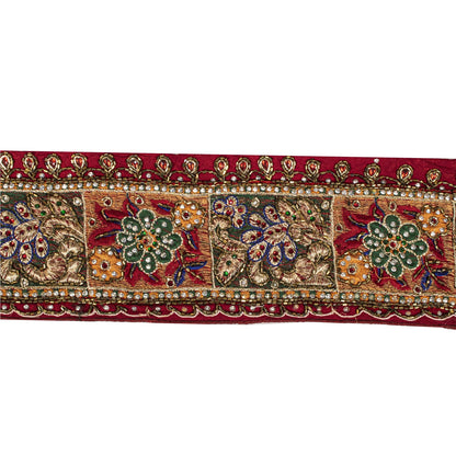Sanskriti Vintage Hand Beaded Heavy 1 Yard Sari Border Pure Silk Red Craft Lace