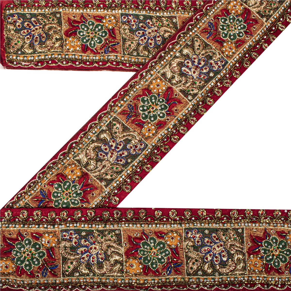 Sanskriti Vintage Hand Beaded Heavy 1 Yard Sari Border Pure Silk Red Craft Lace