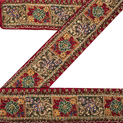 Sanskriti Vintage Hand Beaded Heavy 1 Yard Sari Border Pure Silk Red Craft Lace