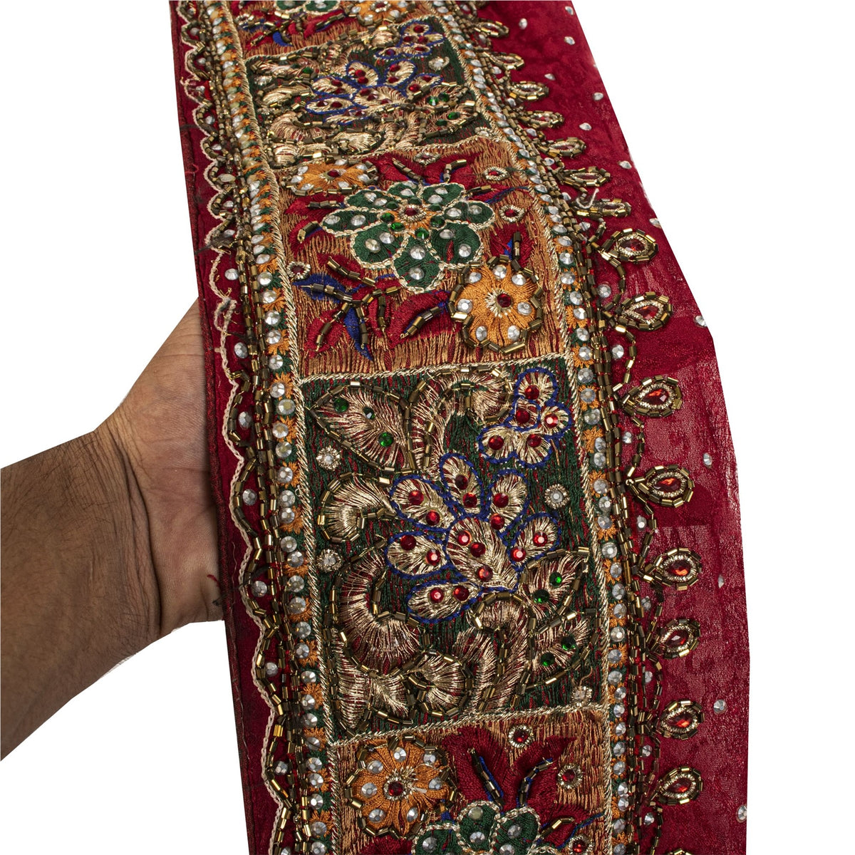 Sanskriti Vintage Hand Beaded Heavy 1 Yard Sari Border Pure Silk Red Craft Lace