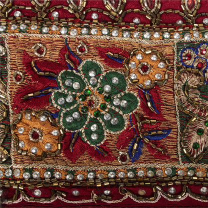 Sanskriti Vintage Hand Beaded Heavy 1 Yard Sari Border Pure Silk Red Craft Lace