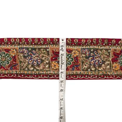 Sanskriti Vintage Hand Beaded Heavy 1 Yard Sari Border Pure Silk Red Craft Lace