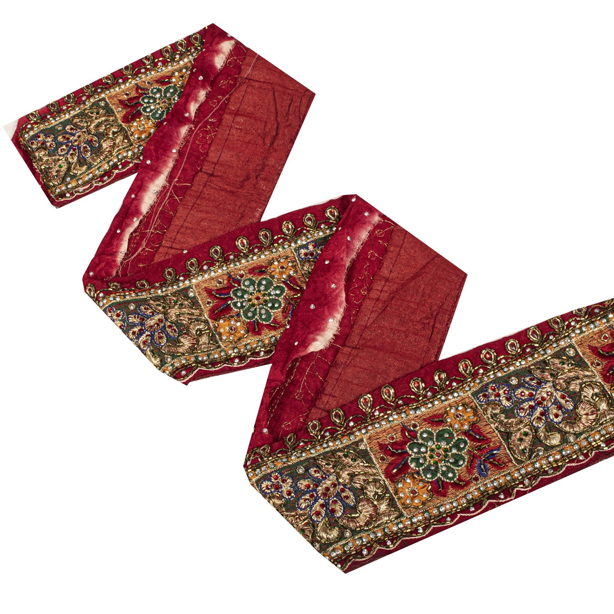 Sanskriti Vintage Hand Beaded Heavy 1 Yard Sari Border Pure Silk Red Craft Lace