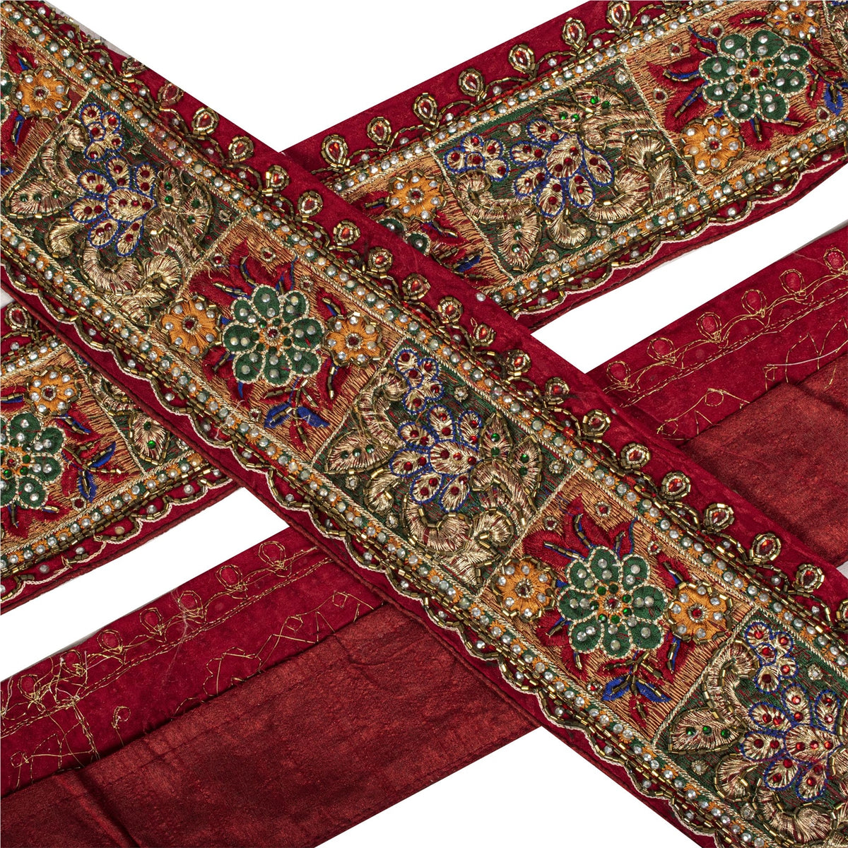 Sanskriti Vintage Hand Beaded Heavy 1 Yard Sari Border Pure Silk Red Craft Lace