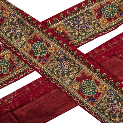 Sanskriti Vintage Hand Beaded Heavy 1 Yard Sari Border Pure Silk Red Craft Lace