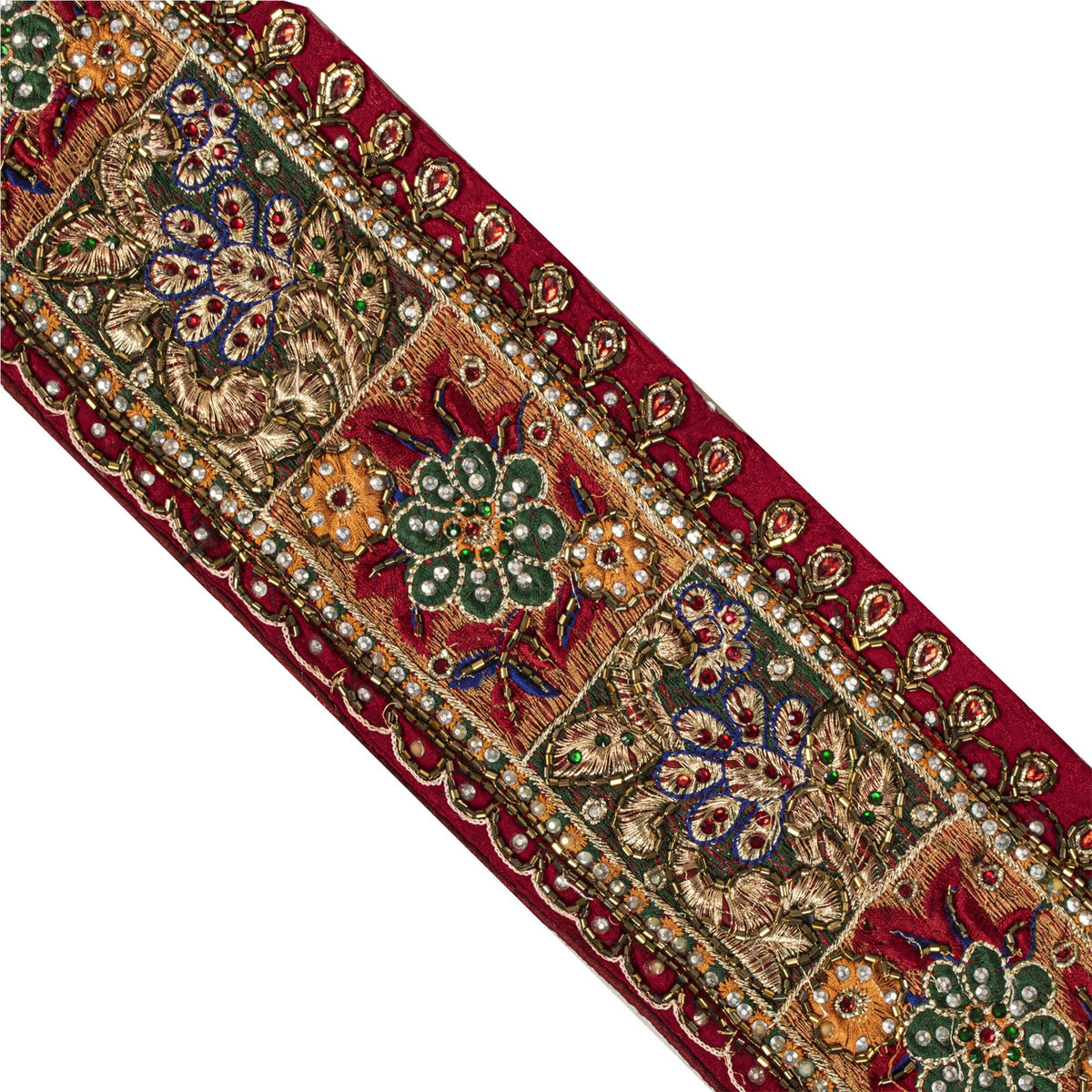 Sanskriti Vintage Hand Beaded Heavy 1 Yard Sari Border Pure Silk Red Craft Lace