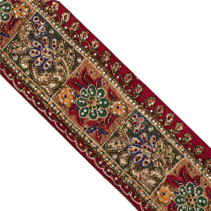 Sanskriti Vintage Hand Beaded Heavy 1 Yard Sari Border Pure Silk Red Craft Lace