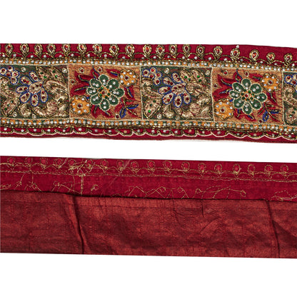 Sanskriti Vintage Hand Beaded Heavy 1 Yard Sari Border Pure Silk Red Craft Lace
