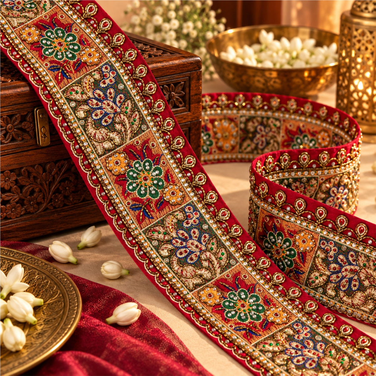 Sanskriti Vintage Hand Beaded Heavy 1 Yard Sari Border Pure Silk Red Craft Lace