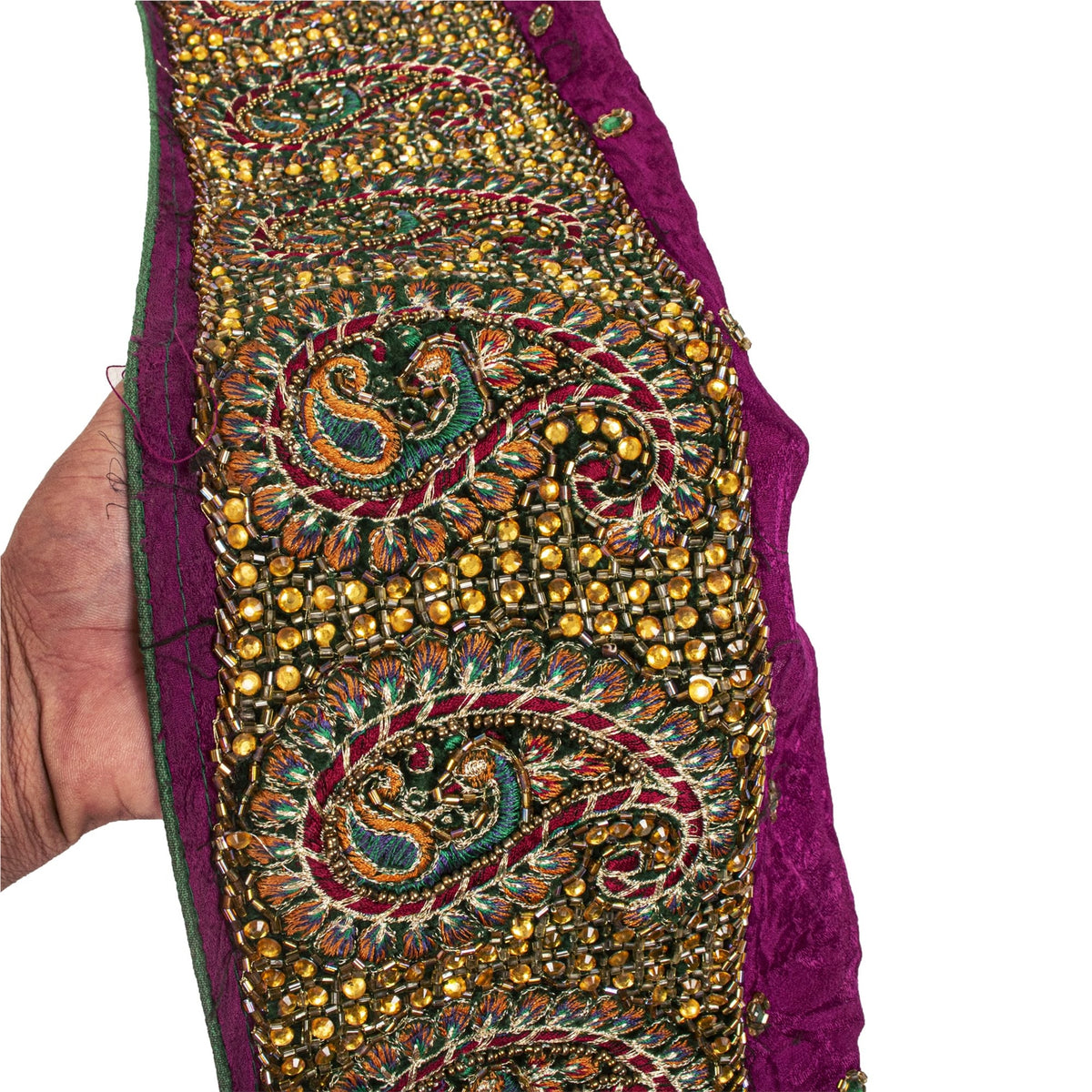 Sanskriti Vintage Hand Embroidered Heavy 1 Yd Sari Border Pure Silk Purple Lace