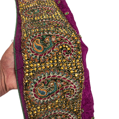 Sanskriti Vintage Hand Embroidered Heavy 1 Yd Sari Border Pure Silk Purple Lace