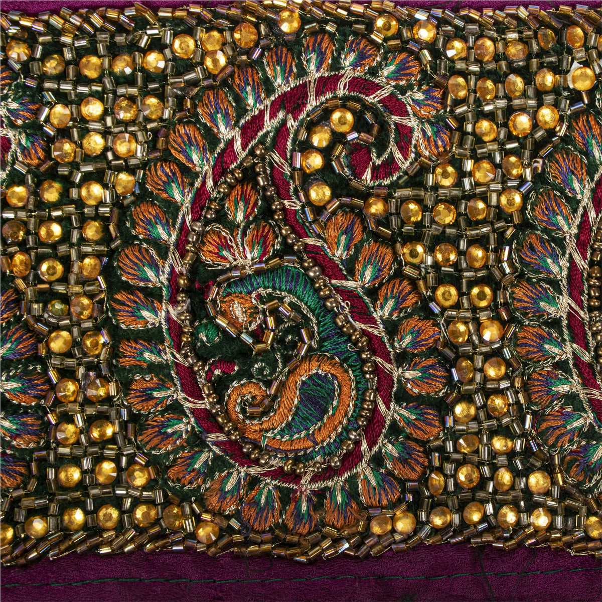 Sanskriti Vintage Hand Embroidered Heavy 1 Yd Sari Border Pure Silk Purple Lace
