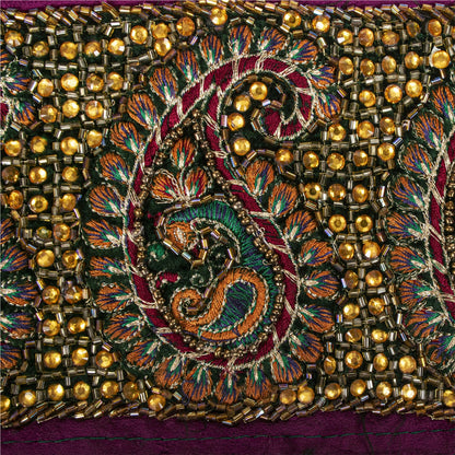 Sanskriti Vintage Hand Embroidered Heavy 1 Yd Sari Border Pure Silk Purple Lace