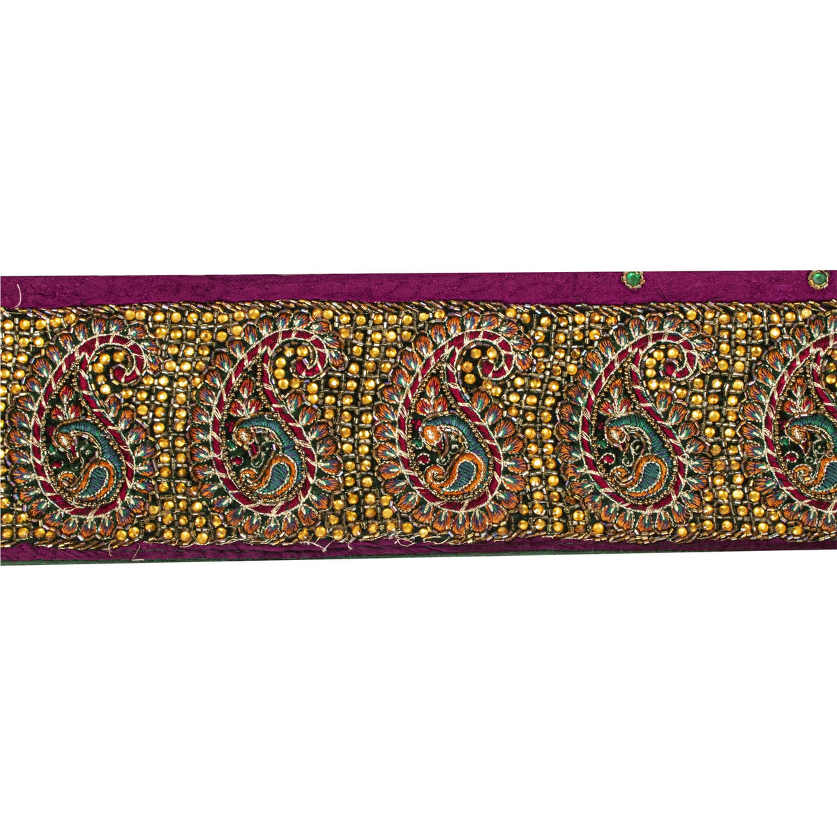 Sanskriti Vintage Hand Embroidered Heavy 1 Yd Sari Border Pure Silk Purple Lace
