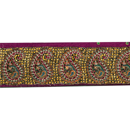 Sanskriti Vintage Hand Embroidered Heavy 1 Yd Sari Border Pure Silk Purple Lace
