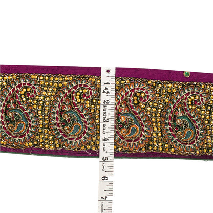 Sanskriti Vintage Hand Embroidered Heavy 1 Yd Sari Border Pure Silk Purple Lace