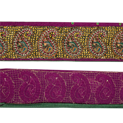 Sanskriti Vintage Hand Embroidered Heavy 1 Yd Sari Border Pure Silk Purple Lace