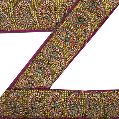 Sanskriti Vintage Hand Embroidered Heavy 1 Yd Sari Border Pure Silk Purple Lace