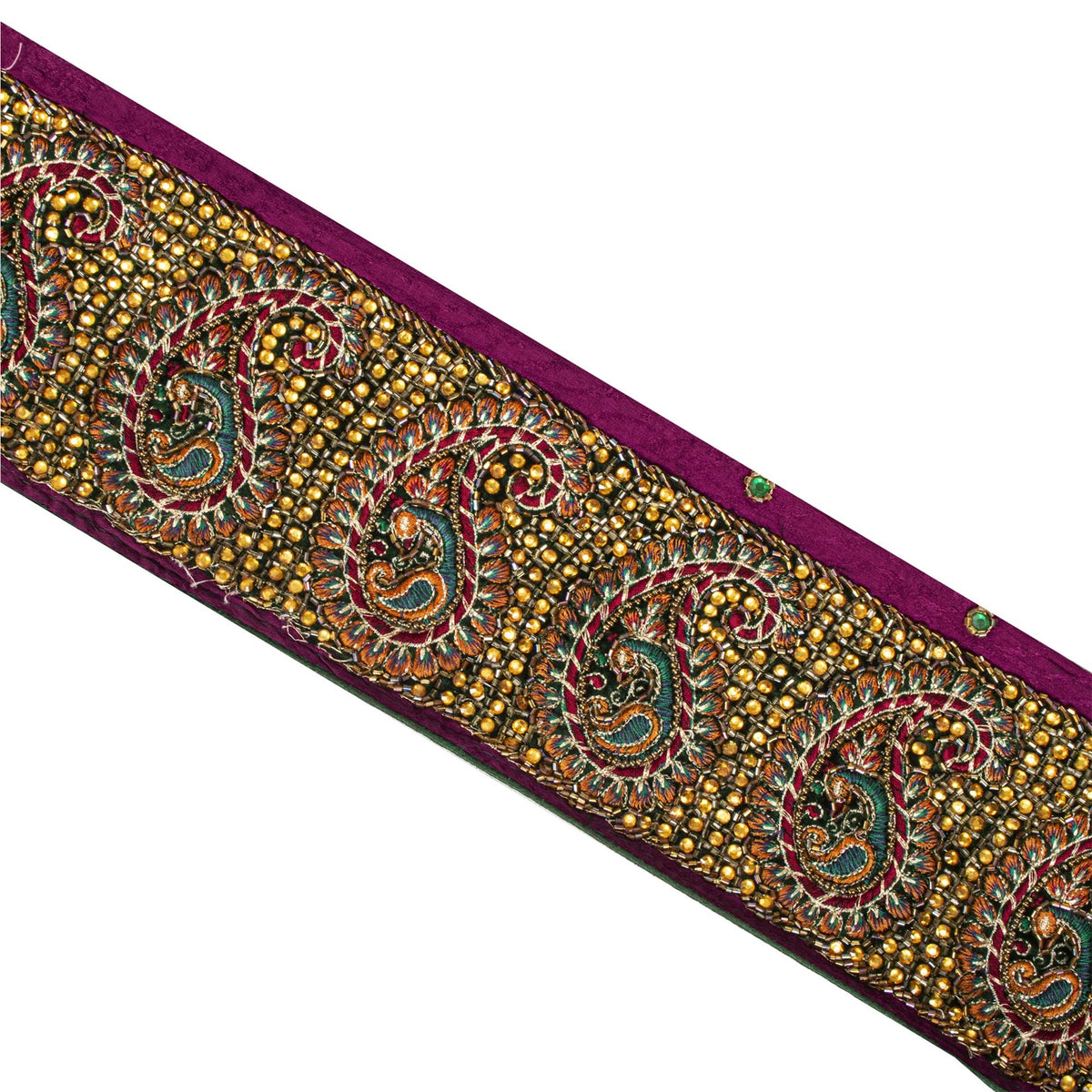 Sanskriti Vintage Hand Embroidered Heavy 1 Yd Sari Border Pure Silk Purple Lace
