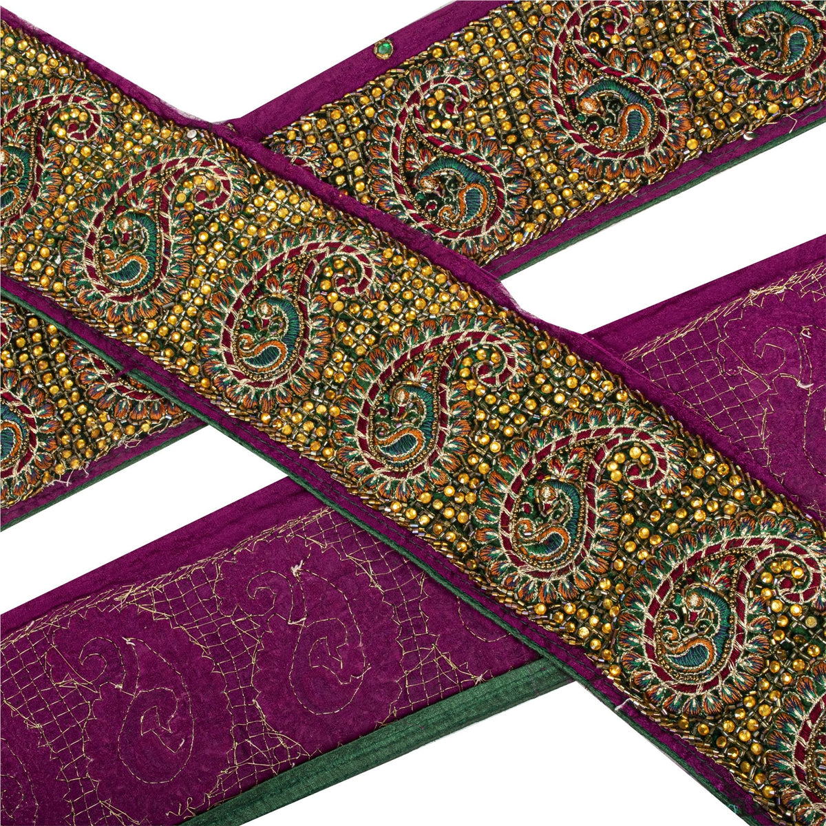 Sanskriti Vintage Hand Embroidered Heavy 1 Yd Sari Border Pure Silk Purple Lace