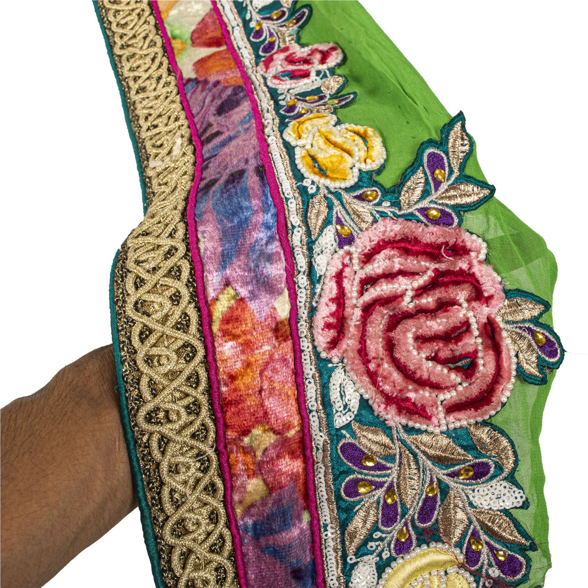 Sanskriti Vintage Hand Embroidered Heavy 1 Yard Sari Border Green Georgette Lace