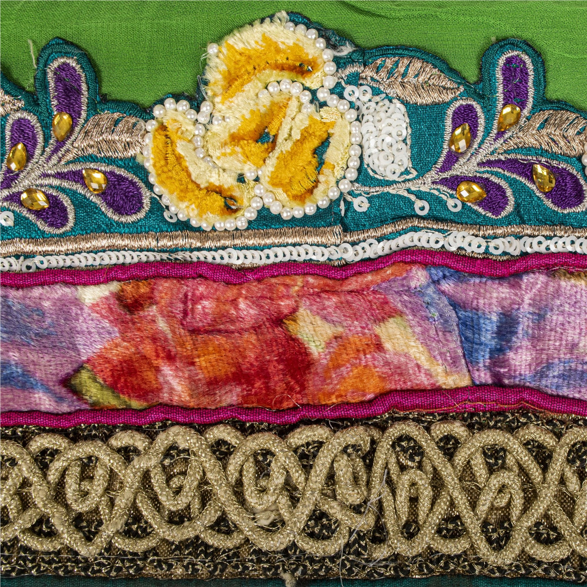 Sanskriti Vintage Hand Embroidered Heavy 1 Yard Sari Border Green Georgette Lace
