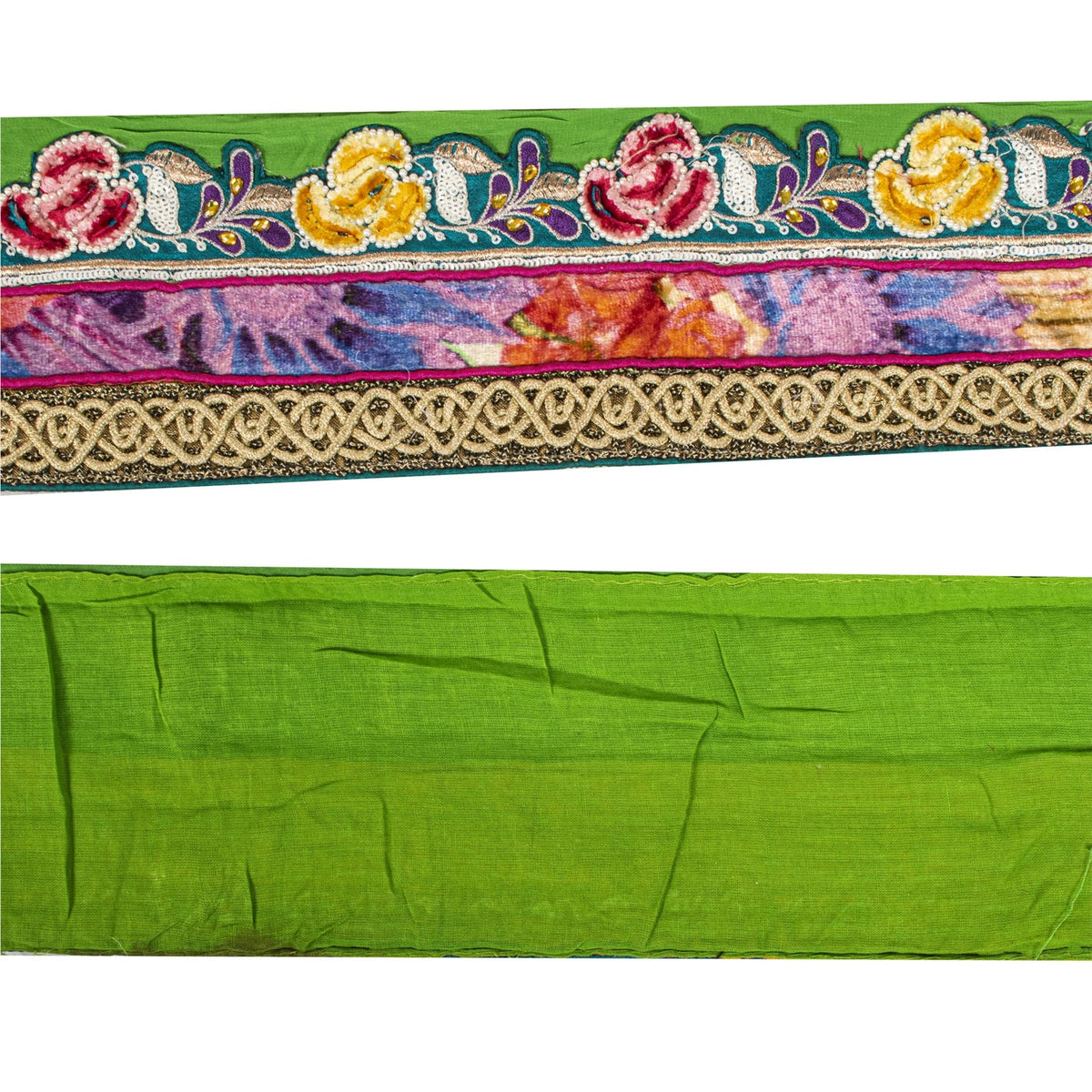 Sanskriti Vintage Hand Embroidered Heavy 1 Yard Sari Border Green Georgette Lace
