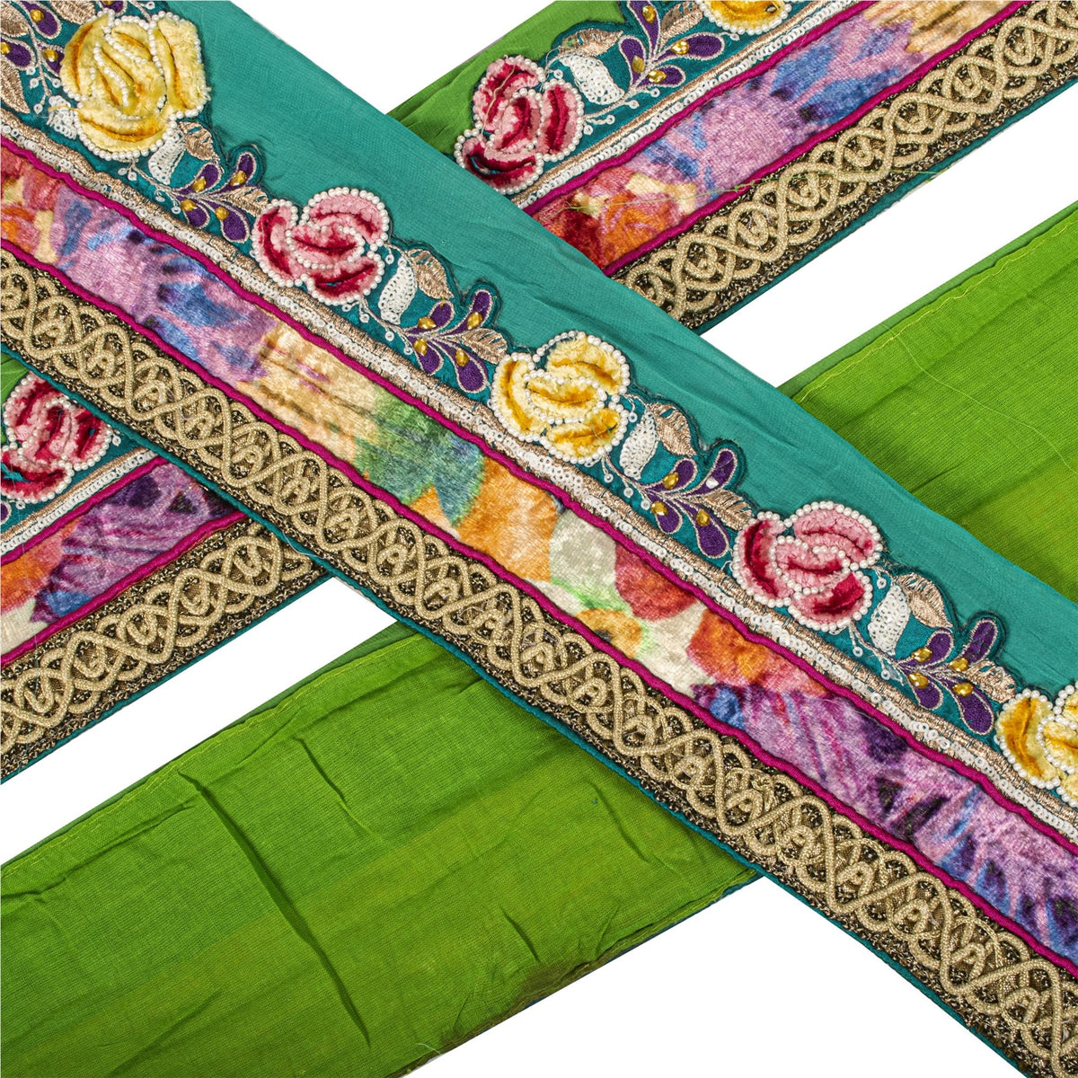 Sanskriti Vintage Hand Embroidered Heavy 1 Yard Sari Border Green Georgette Lace