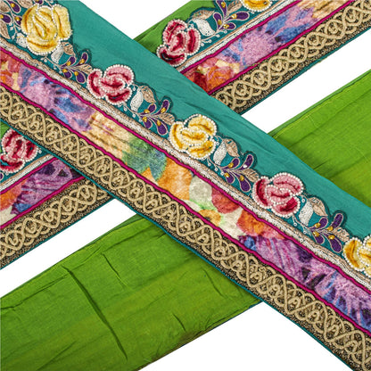Sanskriti Vintage Hand Embroidered Heavy 1 Yard Sari Border Green Georgette Lace