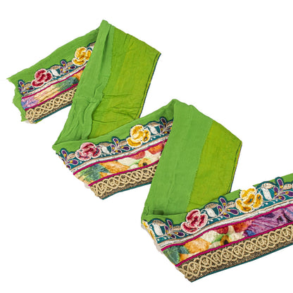 Sanskriti Vintage Hand Embroidered Heavy 1 Yard Sari Border Green Georgette Lace