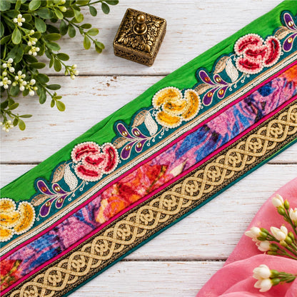 Sanskriti Vintage Hand Embroidered Heavy 1 Yard Sari Border Green Georgette Lace