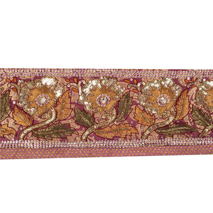 Sanskriti Vintage Hand Beaded Heavy 1 Yd Sari Border Art Silk Purple Craft Lace