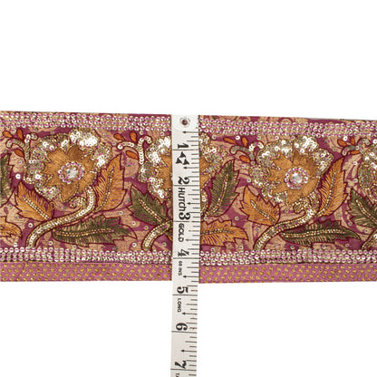 Sanskriti Vintage Hand Beaded Heavy 1 Yd Sari Border Art Silk Purple Craft Lace