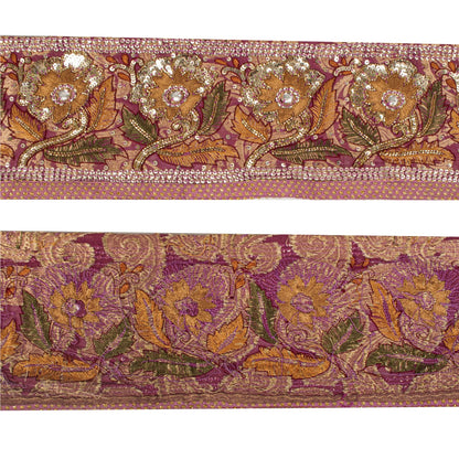 Sanskriti Vintage Hand Beaded Heavy 1 Yd Sari Border Art Silk Purple Craft Lace