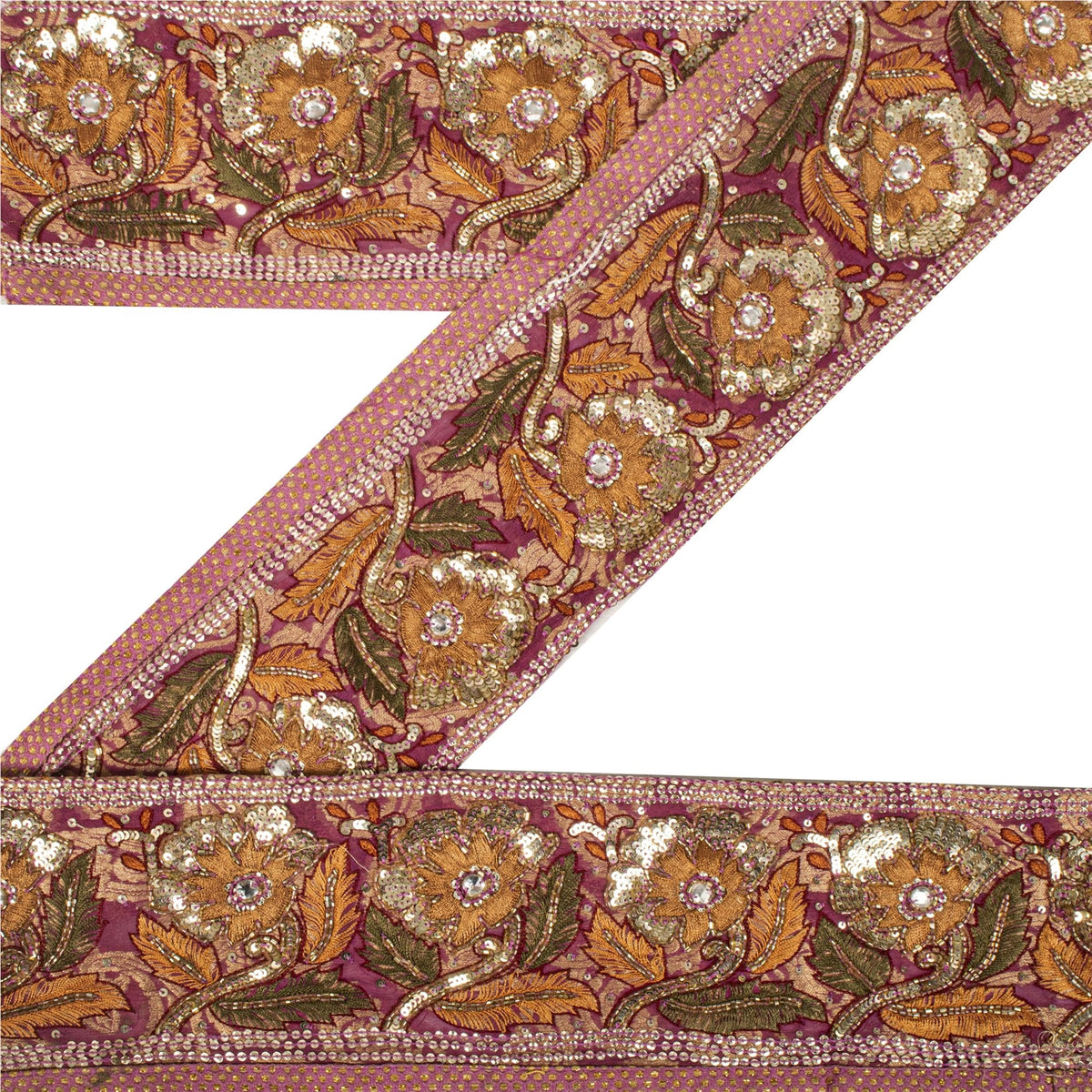 Sanskriti Vintage Hand Beaded Heavy 1 Yd Sari Border Art Silk Purple Craft Lace